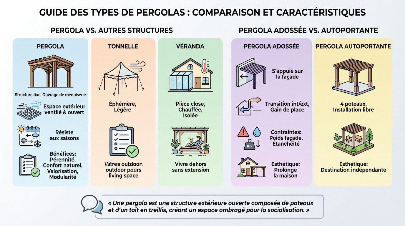 Comparaison visuelle entre une pergola adossée en aluminium et une structure autoportante dans un jardin moderne